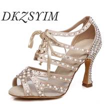 DKZSYIM-zapatos de baile latino para mujer, perlas plateadas/doradas/negras + diamantes de imitación brillantes, para salón de baile, zapatos de baile para fiesta, 10CM 2024 - compra barato