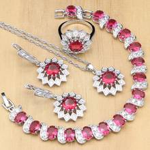 Conjunto de joyería de plata 925 con flores, conjunto de pendientes, colgante, anillos, pulsera, collar, rosa, rojo, rubí, blanco, CZ 2024 - compra barato