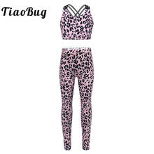 TiaoBug Kids Girls Tracksuit Pink 2Pcs Sets Leopard Print Crop Top Pants Leggings Sport Suits Child Ballet Gymnastics Dance Wear 2024 - buy cheap