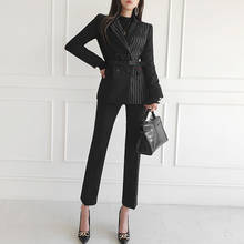 Simple New Office 2-Piece Sets Women Winter Elegant Striped Splicing Coat Top & High Waist Long Pants Ladies OL Work Pant Suits 2024 - buy cheap