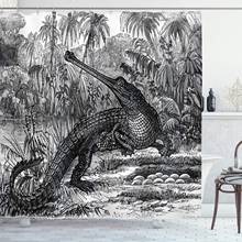 Vintage cortina de chuveiro de moda antiga esboço de um crocodilo na floresta vida selvagem natureza madeiras fossil imagem decoração do banheiro conjunto 2024 - compre barato