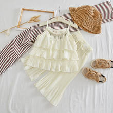 Летний модный комплект одежды для маленьких девочек, шифоновый топ с жемчужинами и широкие брюки, милый детский костюм в Корейском стиле 2024 - купить недорого