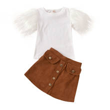 Spring Autumn Toddler Kid Girls 2Pcs Fashion Outfits, Feather Sleeve Round Neck Top + Brown Buttons Skirt Clothes Sets 2024 - buy cheap