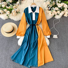 Vestido Vintage de primavera para mujer, prenda de manga larga con cuello vuelto, cintura alta, línea A, Color Patchwork, novedad de 2021 2024 - compra barato