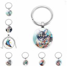 HOT! 2019 New Key Chain Painted Animal Cat Glass Convex Round Pendant Key Ring  Fashion Jewelry Family Friends Gift 2024 - buy cheap