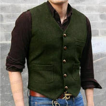 British style Tweed Vest For Men 2020 Slim Fit Green Mens Suit Vest Male Waistcoat Gilet Homme Casual Brown Sleeveless Jacket 2024 - buy cheap