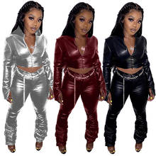 Echoine Winter Women PU leather Set zipper Long Sleeve crop top jacket & stacked pants Sexy Party  Club Two Piece Set Outfits 2024 - buy cheap
