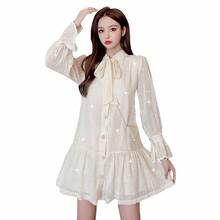 New Fashion Spring Women Dresses Large size Loose Office Female Vestido Flared Long Sleeve Ruffled Stand Collar Mini Dress OK688 2024 - buy cheap