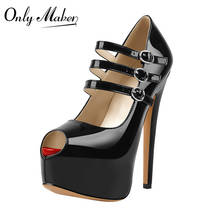 Onlymaker Women Black Peep Toe Mary Jane Platform Buckle Pumps Ankle Strap Stiletto 16cm High Heels Dress Buckle Shoes Big Size 2024 - buy cheap