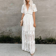 Summer Boho Women Maxi Dress Fashion Floral Lace White Dress Evening Party Casual V-Neck Beach Sundress Vestidos Women's Clothes 2024 - buy cheap