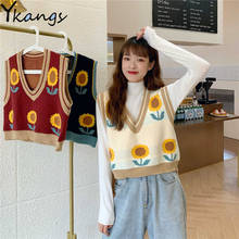 Women Sweater Korean Style Casual Vest Spring 2021 New Jacquard Sleeveless V-Neck Pullover Harajuku Sunflowers Knitted Fashion 2024 - buy cheap
