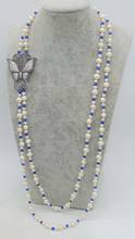 wholesale 2rows  freshwater pearl white round and blue  jades stone beads  round  neklace 36-38inch FPPJ butterfly clasp 2024 - buy cheap