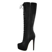 Stiletto preto redondo com zíper bota cano alto 16cm, calçado feminino salto alto com amarração, plus size 2024 - compre barato