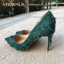 Veowalk Green Tassel Women Distressed Canvas Fabric High Heel Shoes Sexy Ladies Slip On Pointy Toe Wedding Bridal Stiletto Pumps 2024 - buy cheap