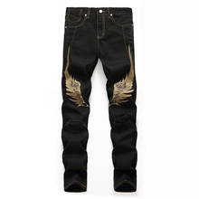 Idopy Hi Street Ripped Jeans Pants With Wings Embroidery Man Streetwear Destroyed Embroidered Denim Trousers Plus Size 29-42 2024 - buy cheap