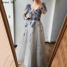 Dubai Purple A-Line Long Sleeves Evening Dresses 2021 Feathers Crystal V-Neck Evening Gowns 2021 Serene Hill LA70558 2024 - buy cheap