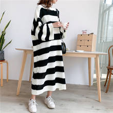 Stripe Crew Neck Pullover Sweater Dress Women 2020 Spring New Lazy Wind Loose Casual Femme Vintage Long Knit Dress Female 2024 - buy cheap