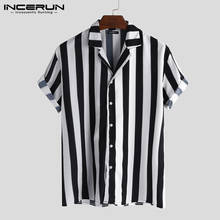 INCERUN Men Striped Shirt Casual Lapel Neck Short Sleeve Button Brand Shirt Chic Loose Streetwear Vacation Blouse Chemise 2022 2024 - buy cheap
