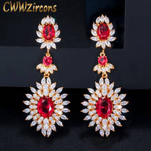 CWWZircons Yellow Gold Color Indian Red CZ Crystal Vintage Ethnic Bridal Long Big Wedding Earrings Jewelry for Women CZ301 2024 - buy cheap