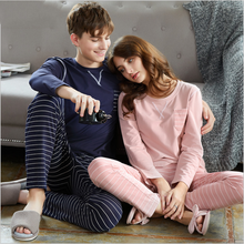 Spring Autumn Couples Casual Pajama sets Male Cotton Sleepwear suit Male long sleeve Round collar T shirt & Striped Pants XXL 2024 - buy cheap