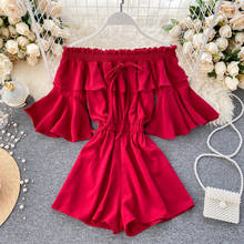 Boho Sexy ruffles 2021 off shoulder Jumpsuit Casual Women flare sleeve rompers Short Summer Playsuit tie Beach Holiday Romper 2024 - buy cheap