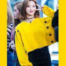 kpop Korean Celebrity Yellow double-breasted knit long sleeve hoodies women korean sweet round neck sweatshirts female clothes 2024 - buy cheap