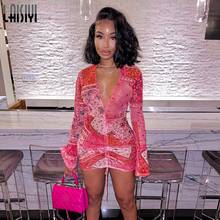 Deep V Neck Ruched Drawstring Print Women Party Dresses Mesh Flare Long Sleeve Transparent Club Outfit Femme Mini Dress Vestidos 2024 - buy cheap