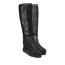 Summer Women Shoes Genuine Leather Black Hollow Out 10CM Wedge Heel Knee High Boots Female Platform Waterproof Botas De Mujer 2024 - buy cheap