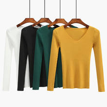 Otoño 2019 nuevos suéteres mujer colores dulces punto cuello pico pulóveres Casual de manga larga caliente suéter Mujer 2024 - compra barato