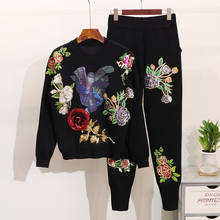 Autumn Winter Women Handmade Luxury Embroidery Sequins Flower Knit Pullover Long Pants Two Pieces Set Knitted Ladies Tracksuits 2024 - buy cheap