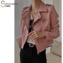 Women Short Coat Female Faux Leather Jackets PU Biker Style Autumn Winter Turn-Down Collar Zippers Belt Color Pocket Buckle Sexy 2024 - buy cheap