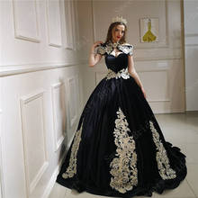 Luxury Black Arabic Muslim Ball Gown Velvet Evening Dresses 2021 Gold Applique Lace Prom Gowns Saudi Arabia Algerian Outfit 2024 - buy cheap