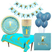 Vajilla desechable de 1 año para fiesta de cumpleaños, platos de papel azul, vasos, servilletas, mantel, suministros de cubiertos 2024 - compra barato