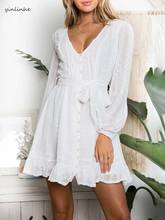 Yinlinhe-vestido blanco de encaje transparente para mujer, ropa Sexy de manga larga con bordado Floral y botones, para verano y otoño, 1243 2024 - compra barato
