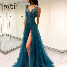 Sexy Split V-Neck Evening Dress Appliqued Beaded Pearls Long Prom Dresses Backless Formal Gown robe de soiree 2024 - buy cheap