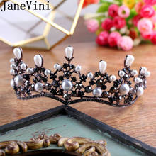 Janevini tiara nupcial preta, laço de casamento com pérolas, cristal, coroa de noiva, faixa de cabelo para mulheres barrocas, ornamento de cabelo 2024 - compre barato