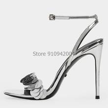 Novo design sensual feminino elegante., sandália de salto alto fino preto e prateado com abertura. sandálias com alça para sapatos à noite. 2024 - compre barato
