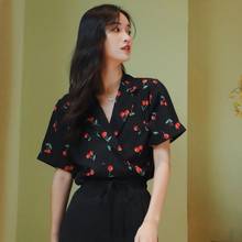 Black Printed V-neck Shirt Women 2021 Summer Chic Niche Short-sleeved Shirt Loose Flower Blouse Floral Shirt Girls 2024 - buy cheap
