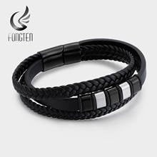 Fongten Vintage Leather Bracelet Men Stainless Steel Black Weave Charm Bracelets Male Fashion Jewelry 2024 - buy cheap