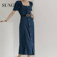 Sungtin Casual Square Collar Sashes Denim Dress Women Korean Fashion Puff Sleeve Long Dress Vintage Summer A Line Vestidos Mujer 2024 - buy cheap