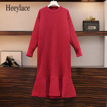 Women Red Knitted Sweater Dresses For Women Fall Winter Thick Warm Long Sleeve Knitting Ruffles Mermaid Dress 2020 2024 - buy cheap