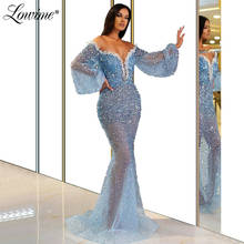 Azul frisado fora do ombro vestidos de noite sereia applique vestidos de festa 2020 dubai lantejoulas árabe vestido de baile robe de soiree 2024 - compre barato