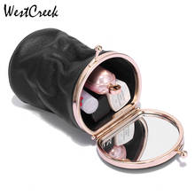 WESTCREEK-Mini bolsa de cosméticos cilíndrica, bolso de cuero genuino para lápiz labial con espejo, bolsa de maquillaje bonita, neceser de aseo 2024 - compra barato