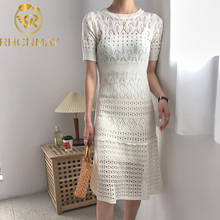 New Women Hollow Out Knitted Dress 2020 Summer Short Sleeve Sweater Long Chic Dress Elegant Midi Bodycon Mermaid Dress 2024 - buy cheap