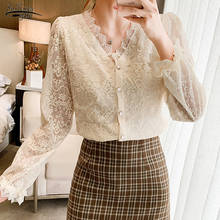 Fashion New V-Neck Lace Shirts Crochet Flower Elegant White Blouse Women 2021 Autumn Vintage Long Sleeve Button Top Blusas 11907 2024 - buy cheap