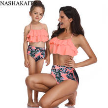 NASHAKAITE Mommy and me swimsuit Leaf Print Ruffled Bikini Set Summer Beach Holiday Family Look Swimsuit Mom Daughter 2024 - buy cheap
