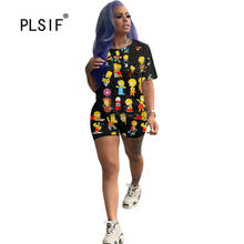 2020 hot sale cartoon pattern design women clothes o neck short sleeve top and tight shorts 2 piece set casual outfit 2024 - buy cheap