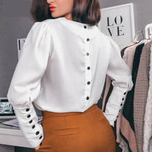 Blusa blanca de manga larga con botones y cuello en v para mujer, camisa informal Sexy de color liso para oficina, moda de otoño, 2019 2024 - compra barato