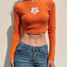 2020 Women Fashion Orange Flower Print t shirt Summer Cotton Short Sleeve O-neck tshirt Sexy Slim Waist Streetwear Crop Top 2024 - buy cheap