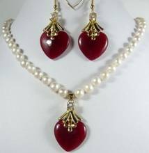 Free shipping charm 7-8mm white pearl necklace 17"& red heart jade earring pendant 2024 - buy cheap